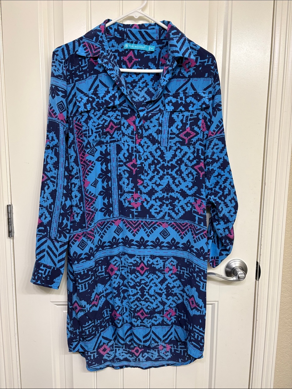 Tori Richard Silk Blue and Pink Geometric Long Sleeve‎ Shirt Dress